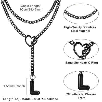Black Heart Slip Chain Initial Necklaces for Women, Stainless Steel Wrap Choker Necklace, Gothic O-Ring Adjustable Lariat Y Necklaces, Punk Cuban Collar Choker Necklace, Halloween Jewelry Gift - color: Black L