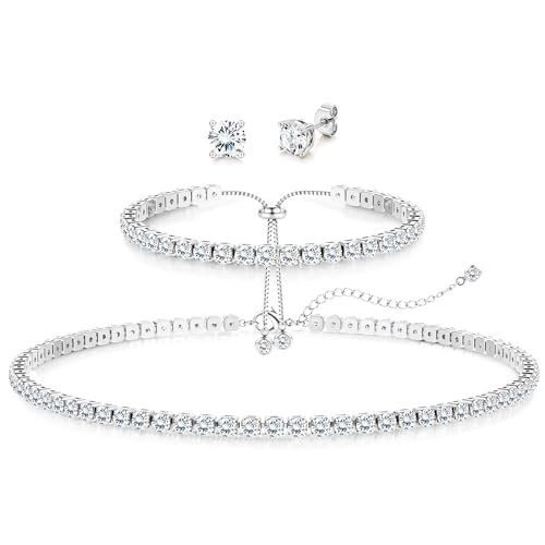 Jstyle 925 Sterling Silver Jewelry Set for Women - Dainty Tennis Necklace Bracelet Earrings Set Hypoallergenic Rhinestone Wedding Jewelry Sets for Brides Bridesmaids Crystal Prom Costume Accessories - color: Style D: Silver
