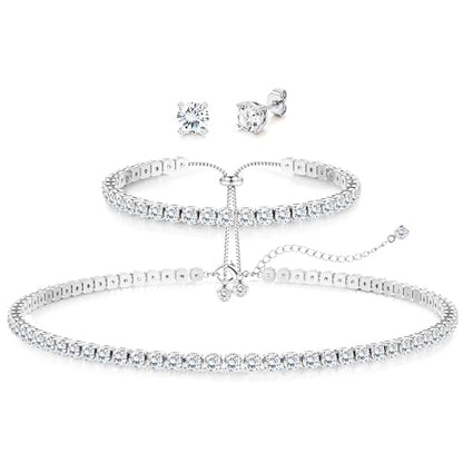 Jstyle 925 Sterling Silver Jewelry Set for Women - Dainty Tennis Necklace Bracelet Earrings Set Hypoallergenic Rhinestone Wedding Jewelry Sets for Brides Bridesmaids Crystal Prom Costume Accessories - color: Style D: Silver