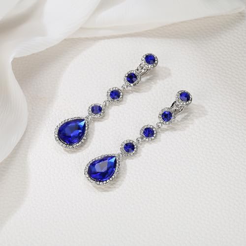 EleQueen Women's Wedding Crystal Teardrop Pear Shape 3 Inch Clip on Long Dangle Earrings for Bride Bridesmaid, Jewelry for Party Prom/Anniversary - color: Blue Silver-Tone