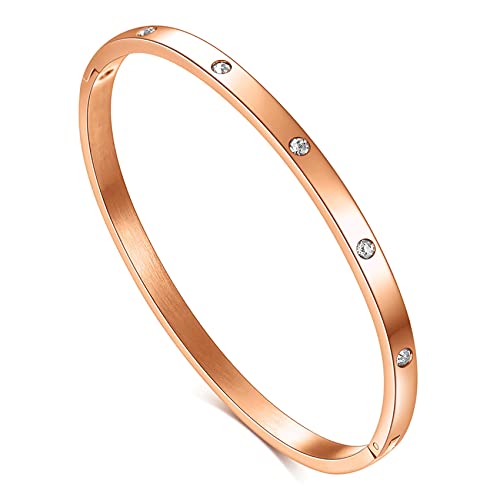 VQYSKO Love Friendship Bracelet Bangle Gold Rose Gold Silver with Cubic Zirconia Stones Stainless Steel Hinged Jewelry with Crystal Oval Bracelet Birthday Present for Her Women Teen Girls - style: 6.5Inch-4MM-Oval-Rose Gold