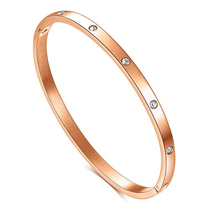VQYSKO Love Friendship Bracelet Bangle Gold Rose Gold Silver with Cubic Zirconia Stones Stainless Steel Hinged Jewelry with Crystal Oval Bracelet Birthday Present for Her Women Teen Girls - style: 6.5Inch-4MM-Oval-Rose Gold