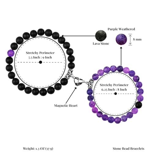 Set Of 2 Couples Bracelet Magnetic Healing Natural Bead Stone Stretch Bracelet Unisex Anniversary, Friendship, Valentine, Christmas Gift - color: Lava+Purple Weathered, style: Without Giftbox