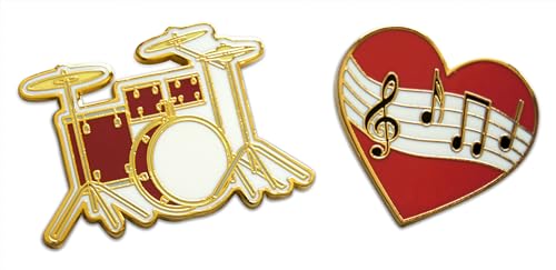 Drummer Pride Drum Set & Music Heart Dual 2-Piece Pride Lapel Pin or Hat Pin & Tie Tack Set with Clutch Back by Novel Merk