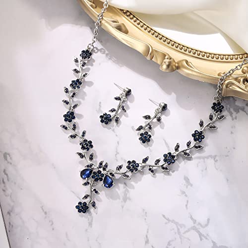 Women's Wedding Jewelry Set for Bride,Prom Bridal Accessories | Bling Crystal,Flower Leaf Cluster,Dangle Earrings Pendant Necklace Set,for Bridesmaid,Party Jewellery - color: 18-Navy Blue Silver-Tone
