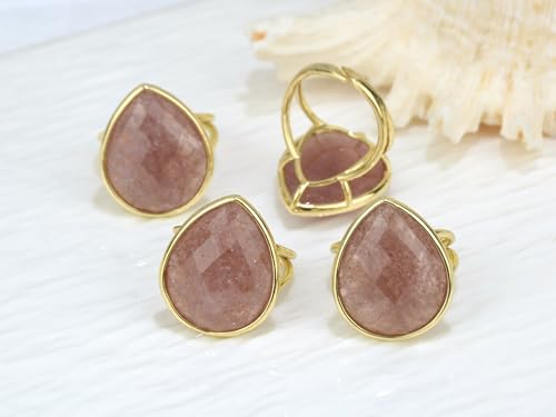Crystal Ring for Women, Natural Rose Quartz Green Fluorite Ring for Her, Teardrop Shape Gemstone Ring, Handmade rose quartz Jewelry Adjustable Ring. - color: Red Strawberry Quartz