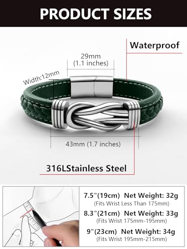 Mens Black Braided Leather Bracelet, Green/Red/Brown/Black Braided Leather Infinity Knot Bracelets for Men with Stainless Steel Clasp, 7.5/8.5/9in Length - color: 04-Green