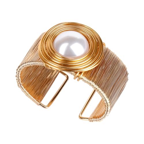 Chunky Gold Cuff Bracelets for Women Stack Silver Bracelet Vintage Bohemian Indian Bangles for Women Adjustable Open Wide Gold Bangle Bracelet Trendy Statement Jewelry - style: GOLD FINISH WHITE PEARL