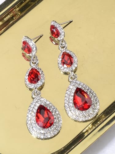 Crystal Teardrop Dangle Earrings - S925 Sterling Silver Posts Rhinestone Drop Earrings for Women Wedding Bridal Brides Bridesmaids Party Prom Pageant Fashion Costume Jewelry - style: 3 teardrop dangle earrings red silver
