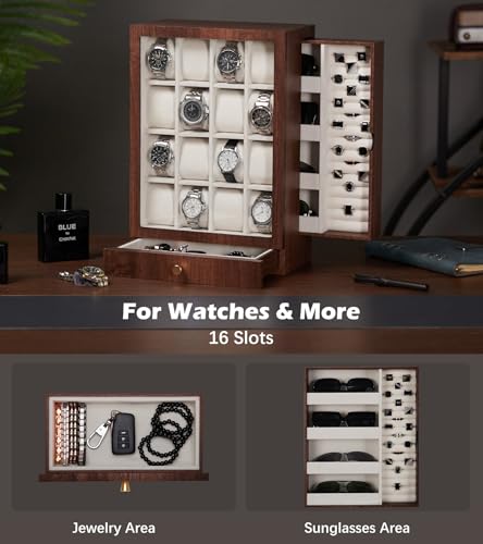 Homde Wooden Watch Box for Men: Display Case with 16 Slots | Organizer for Watches Glasses Jewelry - Nightstand Dresser Display-Clear Dustproof Window for Easy Viewing (L Size) - size: L