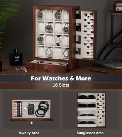 Homde Wooden Watch Box for Men: Display Case with 16 Slots | Organizer for Watches Glasses Jewelry - Nightstand Dresser Display-Clear Dustproof Window for Easy Viewing (L Size) - size: L