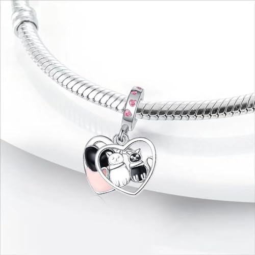 Charm for Bracelets and Necklaces Heart Cat Flower Boy 925 Sterling Silver Bead Birthday Jewelry Gift for Women - color: Cats Heart Charms
