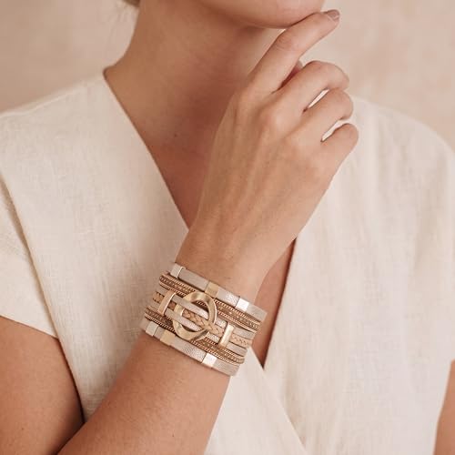 Edoneery Leather Wrap Bracelets for Women, Boho Layered Cuff Bangle | Multi-layer leather cuff, daily wear, stackable bangle, easy on-off, western jewelry gifts for women - color: Gold-3