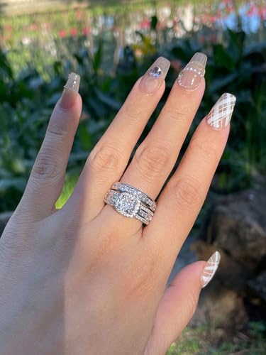 CEJUG 3Ct Princess Wedding Rings for Women Engagement Ring Set Bands 18k White Gold Plated Halo Cz Size 6-10 - color: White Silver