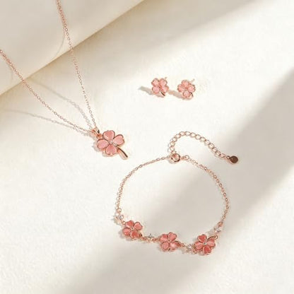 NEWITIN 4 Pcs Pink Jewelry Set for Women Lucky Necklace Bracelet Earrings | Hypoallergenic, Rose Gold Plated, Pink Cat Eye Stone, Four-Leaf Clover Necklace Bracelet Earring, Lucky Jewelry Set for Women