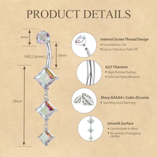 FUNLMO Dangle Belly Button Ring Titanium Belly Rings Belly Button Piercing Cube Zircon Internally Threaded Floating Navel Piercing Jewelry 14G 10mm - color: Silver,Aurora Borealis CZ