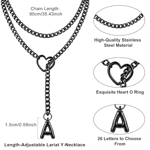 Black Heart Slip Chain Initial Necklaces for Women, Stainless Steel Wrap Choker Necklace, Gothic O-Ring Adjustable Lariat Y Necklaces, Punk Cuban Collar Choker Necklace, Halloween Jewelry Gift - color: Black A