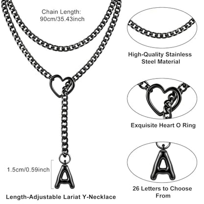 Black Heart Slip Chain Initial Necklaces for Women, Stainless Steel Wrap Choker Necklace, Gothic O-Ring Adjustable Lariat Y Necklaces, Punk Cuban Collar Choker Necklace, Halloween Jewelry Gift - color: Black A