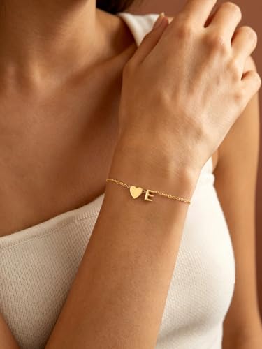 KeyStyle Initial Heart Bracelet for Women Waterproof Stainless Steel Chain | 14K Gold Plated /Silver A-Z Letter Adjustable Charm Bracelet, Hypoallergenic Non Tarnish Dainty Gift for Everyday Wear - color: 14K Gold Plated-E