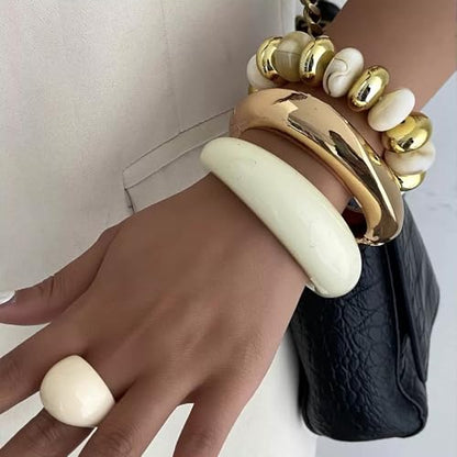 Chunky Gold Acrylic Bangle Bracelets for Women Chunky Resin Beaded Bracelets 14K Gold Plated Bangle Stack Statement Cuff Jewelry Gift - color: WHITE Bracelet