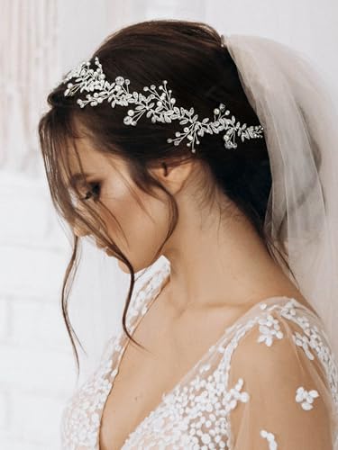 SWEETV Bridal Headpiece Silver Wedding Headband for Brides Hair Accessories | Pearl Hair Vine Rhinestone Hair Accessories for Women Bridal Headband, Wedding Hair Accessories Wedding Headbands for Brides