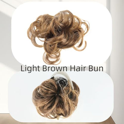 Brown Curly Messy Bun Wig Wavy Hair piece Easy Updo Extensions Claw Clips for Women Girls Natural Fake Wig Tie Headpiece - color: Light Brown