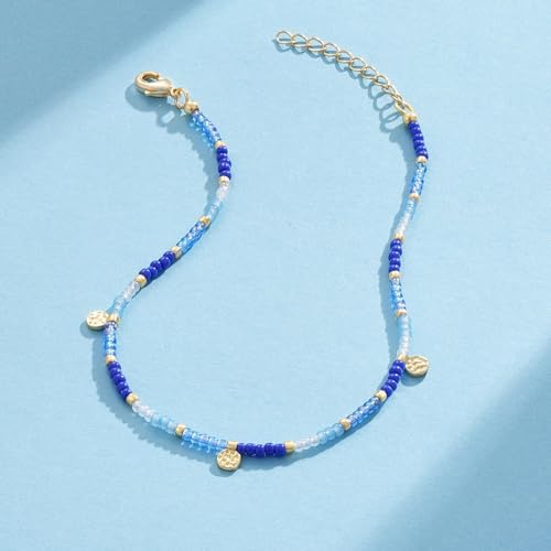 KissYan Beaded Ankle Bracelet for Women, Bead Anklet with Dangling Charm, Beach Waterproof Foot Jewelry Gifts for Her - color: Blue