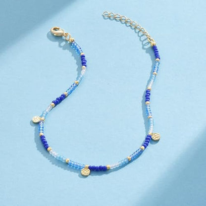 KissYan Beaded Ankle Bracelet for Women, Bead Anklet with Dangling Charm, Beach Waterproof Foot Jewelry Gifts for Her - color: Blue