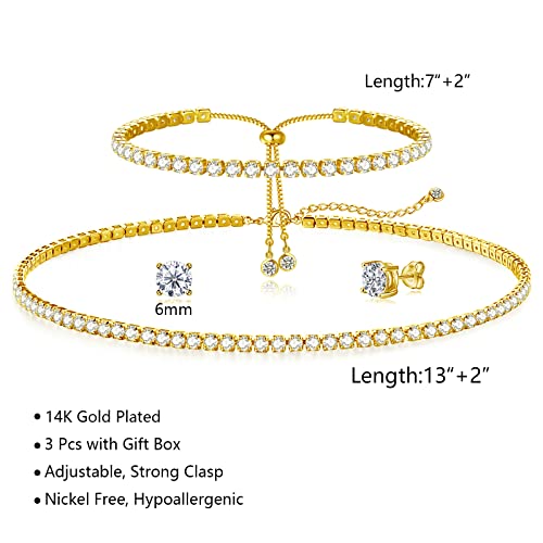 HAXIYA Tennis Necklace Bracelet for Women, Sterling Sliver Jewelry Set, Silver/Gold Chocker Necklace, Crystal Bracelet for Women, Wedding Jewelry for Bride, Sparkly Party Prom Hypoallergenic - color: Classic Set of 3 - Gold