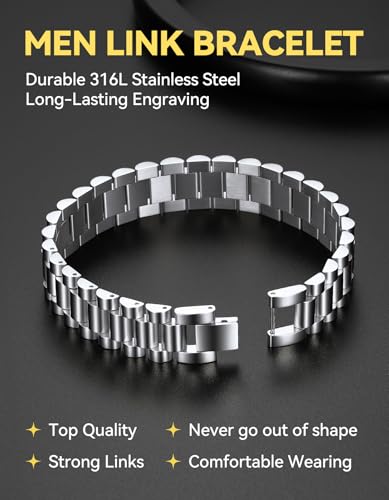 ChainsHouse Men Stainless Steel Bracelet Adjustable Custom ID Engraved Gift | Personalized Silver/Gold/Black for Birthday Father Husband Boyfriend with Gift Box Adjustable Tool 10mm/15mm/15.5mm 8.3"/8.7" - color: A.15.5mm Width-Silver-No Custom