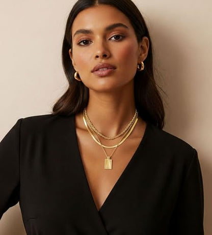 YEEZII Layered Gold Necklaces for Women Trendy, 3 Pcs 14K Gold Plated Choker Paperclip Box Chain Necklace, Stackable Women's Gold Pendant Necklaces Jewelry Set - color: Gold-3 pcs-Geometric Pendant