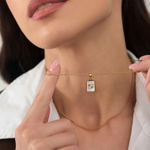 LETFLY Layered Zodiac Necklace for Women 18K Gold Natural Shell Pendant | Birthday Gifts for Women, Daily Wear, Hypoallergenic Material, Personalized Constellation Pendant, Adjustable, Snake Chain - style: Cancer