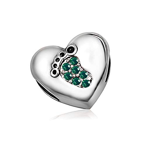 KunBead January-December Birthstone Footprint Heart Birthday Love Bead Charms Compatible with Pandora Bracelet for Mom Daughter Grandma Granddaughter - color: May