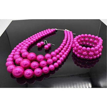 JNF Faux Pearl Statement Necklaces Big Beaded Necklace for Women Chunky Pearls Necklace and Earring Set Large beads Costume Necklace - color: Fuchsia pearl necklace