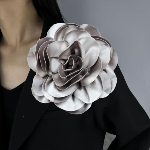 Dainty Satin Fabric Rose Flower Brooches 7.5in Extra Large Big Camellia Flower Brooches Lapel Pins for Women Wedding Party Dance Dress Clothes Accessories - color: Gray