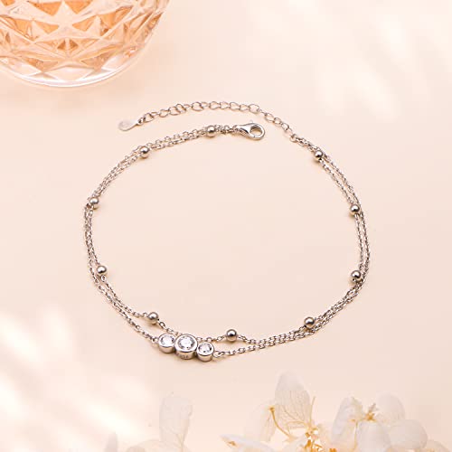 Flyow Anklet for Women S925 Sterling Silver Adjustable Foot Beaded Heart Charm Ankle Bracelet Anklets Jewelry - style: 3 CZ