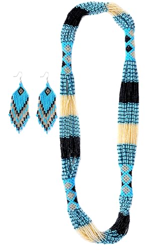 Layered – Boho Native American Style Layered Beaded Necklace– Ukrainian beaded Necklace Native Handmade Seed Bead Necklace Tribal ethnic beaded Necklace for Women (Tuquoise) - color: Skyblue