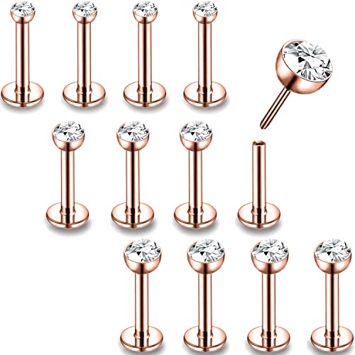 PunkTracker 16g/18g/20g Threadless Lip Rings Tragus Earrings Surgical Steel | Helix Conch Cartilage Earrings Monroe Piercing Jewelry for Women Men Labret Studs - color: 16G, Rose Gold, Round CZ, 6mm Length
