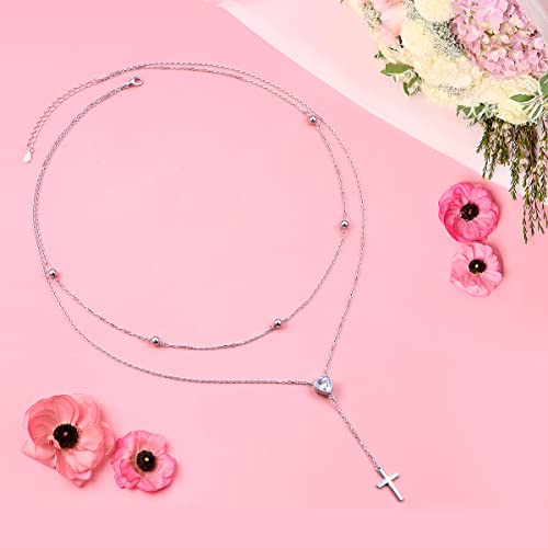 FLYOW Layered Necklace S925 Sterling Silver Y Shaped Jewelry - style: Cross Style