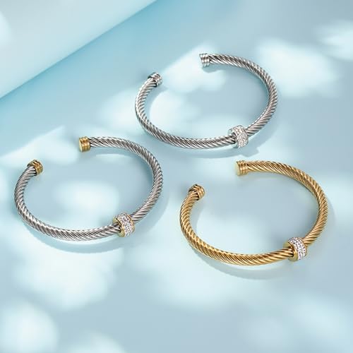 Cable Bracelet, an Adjustable Women's Cuff Bracelet made of 316 Stainless Steel, a Christmas and Birthday Gift - color: Silver