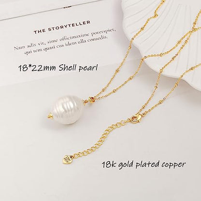 18k Gold Plated Chain Link Necklace for Women, Baroque Pearl/Compass Pendant Necklace - color: Long Pearl