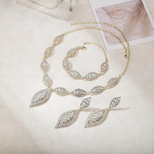 Flyonce Wedding Jewelry Set Rhinestone Crystal Bridal Leaf Necklace Drop Dangle Chandelier Earrings Sets for Women - color: Iridescent Clear AB Gold-Tone