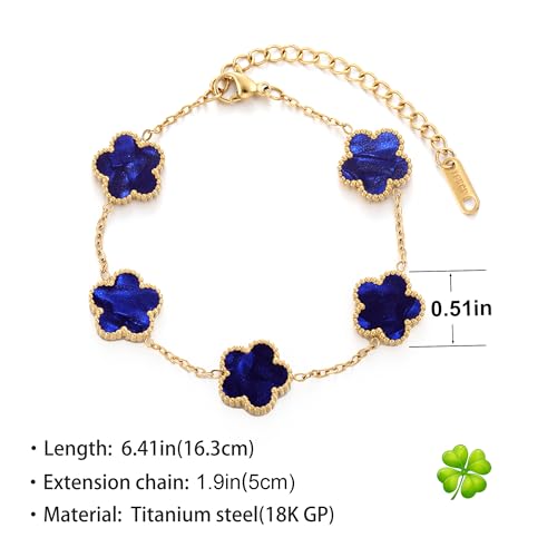 TICVSS Four Leaf Clover Bracelet for Women 18K Gold Plated Stainless Steel Lucky 4 Leaf Gold Link Bracelet Jewelry Gift for Women - color: Dark blue