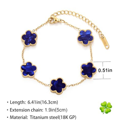 TICVSS Four Leaf Clover Bracelet for Women 18K Gold Plated Stainless Steel Lucky 4 Leaf Gold Link Bracelet Jewelry Gift for Women - color: Dark blue