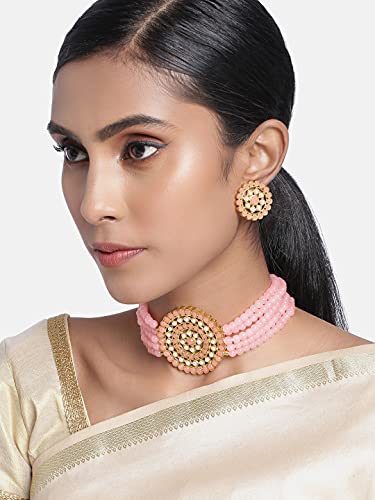 Aheli Pearl Diamond Choker Necklace & Round Earrings Gift for Women Indian Traditional Bollywood Fashion Bharatanatyam jewellery set - color: Peach