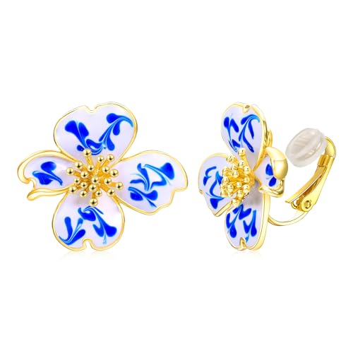 Clip on Earrings Women, 14K Gold Plated Earrings for Sensitive Ears, Fashion Women's Earrings Jewelry Birthday Gift for Wife Grandma Daughter Girls on Christmas Thanksgiving - color: Cherry Blossom Blue Marble