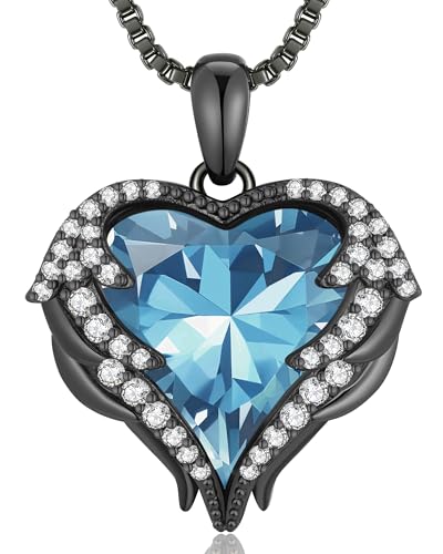 CDE Angel Wings Heart Birthstone Pendant Necklace Gift for Women | Silver/Gold Tone,Ideal Birthday & Anniversary Jewelry Gift for Wife,Girlfriend,Her - color: Black-03-AquamarineLight Blue Birthstone