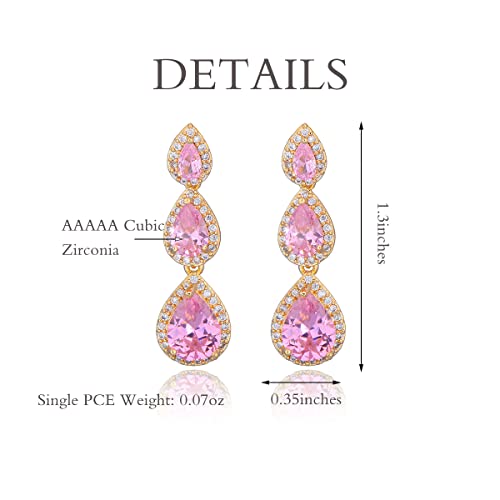 Women's Cubic Zirconia Bridal Earrings - Elegant Long Wedding Party Prom Earring for Bride Bridesmaids Crystal CZ Rhinestone Chandelier Statement Dangle Drop Earrings for Women - color: Pink