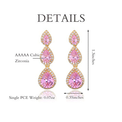 Women's Cubic Zirconia Bridal Earrings - Elegant Long Wedding Party Prom Earring for Bride Bridesmaids Crystal CZ Rhinestone Chandelier Statement Dangle Drop Earrings for Women - color: Pink