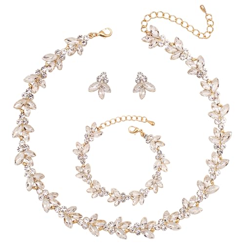 Bridal Wedding Crystal Leaf Choker Necklace Dangle Earring Bracelet Brides Bridesmaid Jewelry Set for Women - color: White-Gold Plated